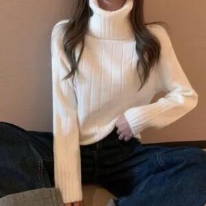 Long-Sleeve Turtleneck Plain Ribbed Sweater White 282422840