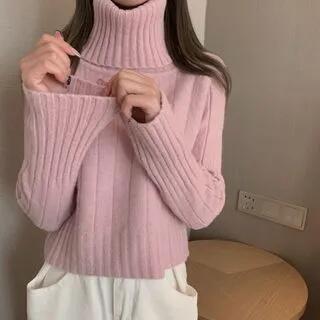 Long-Sleeve Turtleneck Plain Ribbed Sweater Light Purple by Shinsei