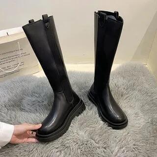 Faux Leather Platform Tall Chelsea Boots Black - 35 by Vindler