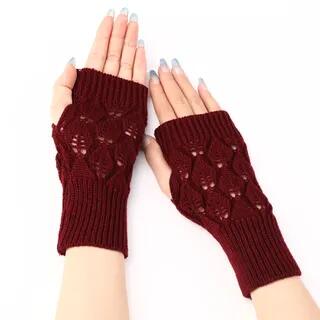 Eyelet Fingerless Knit Gloves Wine Red by Kinoxslone