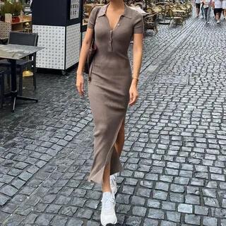 Short-Sleeve Collar Slit Maxi Sheath Dress Khaki by Alizio