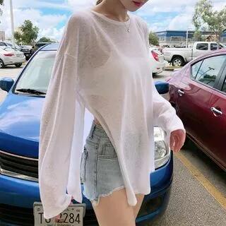 Long Sleeve Slit Oversized Sheer T-Shirt Milky White by MIKIGA
