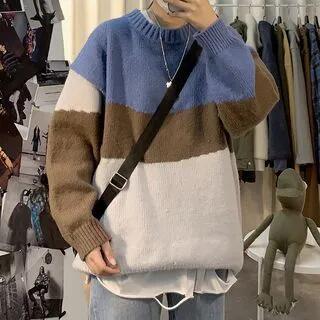 Crew Neck Color Block Sweater 9061 - Blue by Acrius