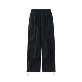 Mid Rise Plain Drawstring Cargo Baggy Pants Black by Kenning