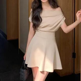 Short-Sleeve Off Shoulder Plain Mini A-Line Dress Khaki by Cloud Nine