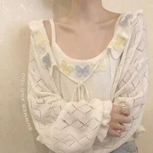 Ruffle Eyelet Cardigan / Camisole (Various Design) Butterfly Cardigan - White 282434799