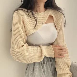 Round Neck Asymmetrical Knit Shrug Almond by MIKIGA