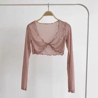 Long-Sleeve V-Neck Ruffle Trim Crop Top Pink by femmal