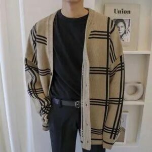 V-Neck Plaid Button-Up Cardigan Khaki 282434848
