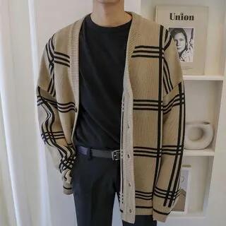 V-Neck Plaid Button-Up Cardigan Khaki by Nightbell