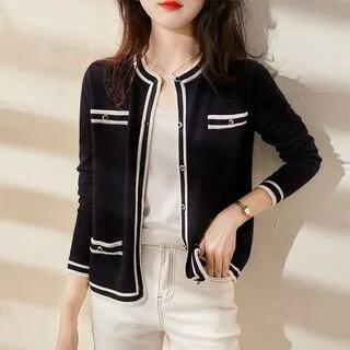 Contrast Trim Cropped Cardigan Black by Jeonseon