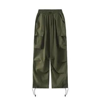 Mid Rise Plain Drawstring Cargo Baggy Pants Army Green by Kenning