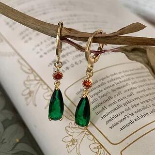 Rhinestone Faux Crystal Dangle Earring 1 Pair - Clip-On Earrings - Green by Chimerro