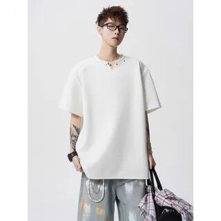 Short Sleeve Notch Neck Plain Studded T-Shirt White by Savenne