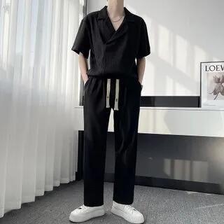 Set: Short-Sleeve Blazer + Dress Pants Set Of 2 - Top & Bottom - Black by VEAZ