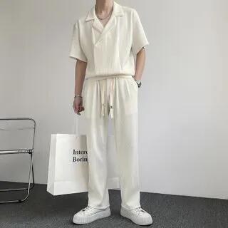 Set: Short-Sleeve Blazer + Dress Pants Set Of 2 - Top & Bottom - Khaki by VEAZ