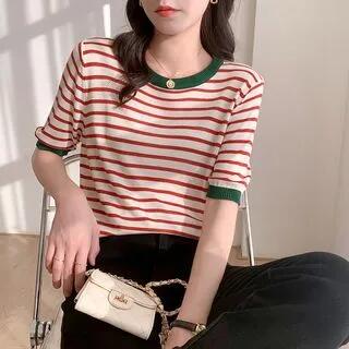 Short Sleeve Striped T-Shirt Stripe - Red & Green by Cloud Nine