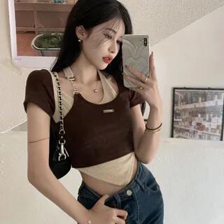 Mock Two-Piece Short-Sleeve Halter Crop Top Coffee & Beige by monroll
