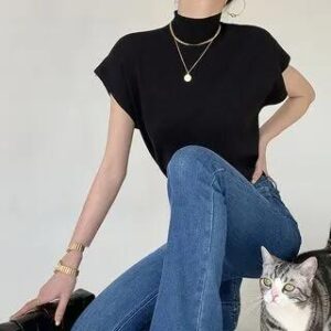 Short-Sleeve Semi Turtleneck Plain Ribbed Knit Top Black 282450303