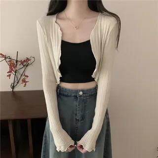 Open Front Plain Crop Top Almond by Shinsei