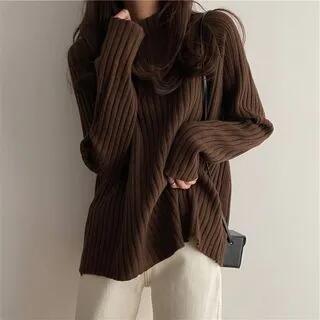Mock-Neck Ribbed Knit Sweater Coffee by Shinsei