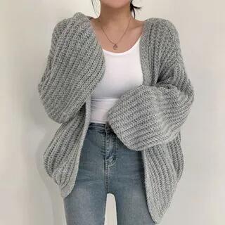 V-Neck Plain Lantern-Sleeve Cardigan Black by Coris