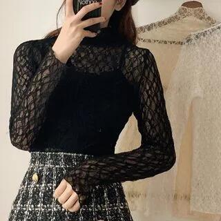 Mock-Neck Long-Sleeve Lace Top White by Essere