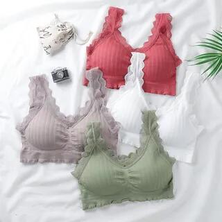 Lace Trim Wireless Bra Light Khaki by camikiss