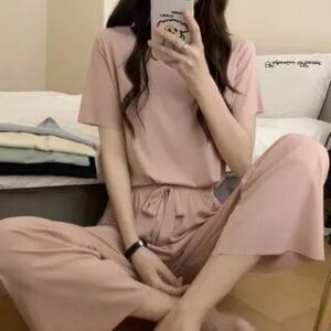 Short-Sleeve Plain Pajama Set Black 282473077