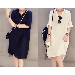 Short-Sleeve Open-Collar Chiffon Shift Dress Black by Lewwe