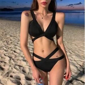 Set: Plain Bikini Top + Cutout Bottom Set of 2 - Wireless - Top - Black - XL / Bottom - Black 282473151