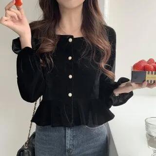 Square-Neck Plain Velvet Long-Sleeve Shirt Black by MIKIGA