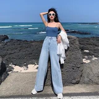Light Shirt / Knit Camisole Top / High-Waist Wide-Leg Jeans Jeans - Light Blue by Strawolf