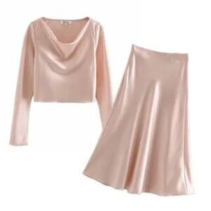 Set: Silky Blouse + Midi A-Line Skirt Pink 282473676