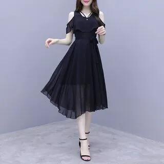 Short-Sleeve Midi A-Line Chiffon Dress Black by Sienne