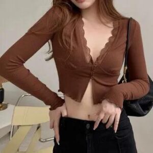 Long-Sleeve Lace Trim Crop Top Brick Red 282473833