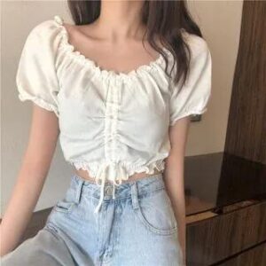 Puff-Sleeve Ruffle Trim Drawstring Knit Crop Top Black 282474511