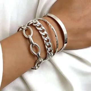 Set of 4: Chain Bracelets + Bangles 0431 - Set of 4 - Silver by Seirios