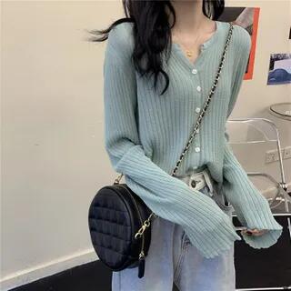 V-Neck Long-Sleeve Ribbed Cardigan Orange Pink by PINPI