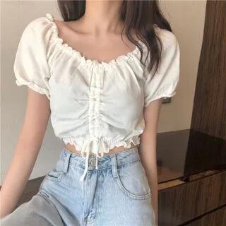 Puff-Sleeve Ruffle Trim Drawstring Knit Crop Top Pink by Muezz