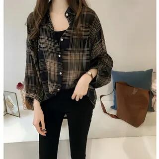 Long-Sleeve Collar Plaid Chiffon Blouse Almond by Mikiko