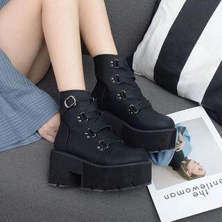 Platform Lace Up Short Boots Black by Anran