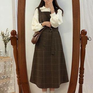 Plaid Square-Neck Midi A-Line Overall Dress Dress - Brown by Leoom