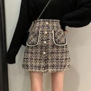 Faux Pearl Button-Up Tweed Skirt Black 282479288