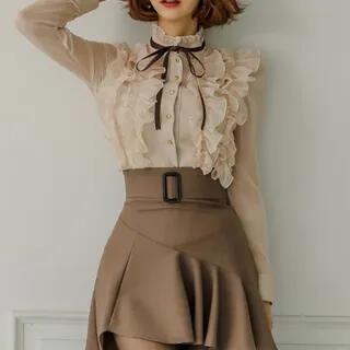 Set: Long-Sleeve Ruffled Blouse + High Waist Asymmetric Ruffled Mini A-Line Skirt Shirt - Almond - S / Skirt - Brown by Yilda