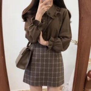 Ruffle Trim Blouse / Plaid Mini A-Line Skirt Blouse - Coffee 282479297