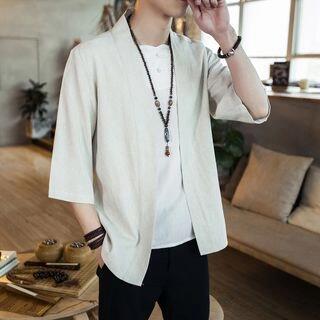 Elbow Sleeve Open-Linen Jacket Black by Aozora