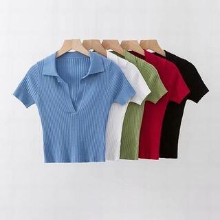 V-Neck Collared Short-Sleeve Crop Top Sky Blue by Ulark