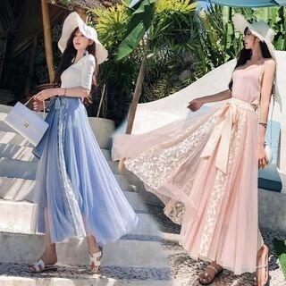 Lace A-Line Maxi Skirt Pink by Juuri