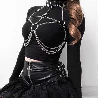 Faux Leather Chained Body Harness Silver Chain - Black | SURELIN by SURELIN